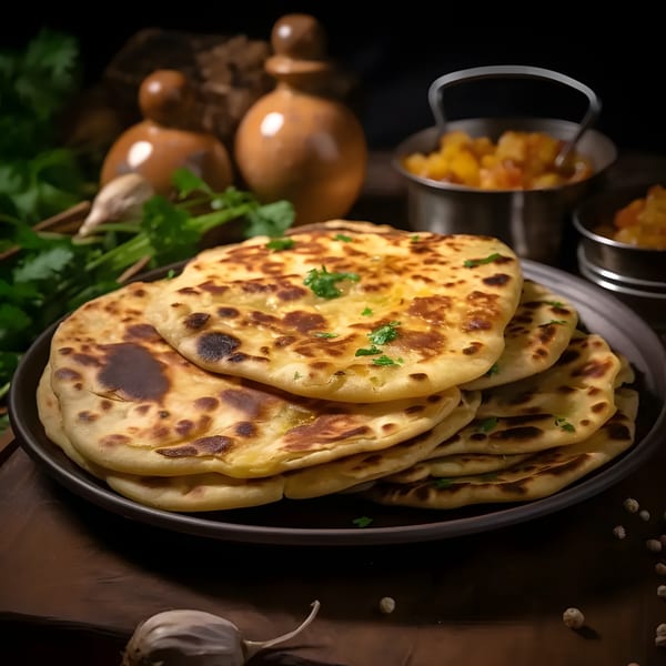 A stack of golden-brown Indian naan bread, garnished with fresh cilantro, on a dark plate.