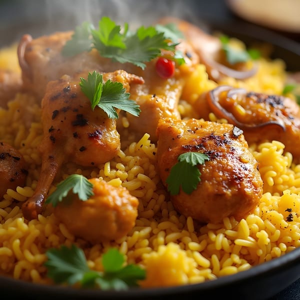 Steaming Madurai Sizzle Shack chicken biryani with yellow rice, garnished with fresh cilantro and red chili.