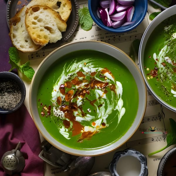 Two bowls of vibrant green Indian soup with cream swirls, chili oil, and spices, served with bread.