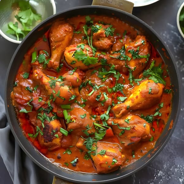Madurai Sizzle Shack's chicken curry, a rich red stew with chicken drumsticks and fresh cilantro.