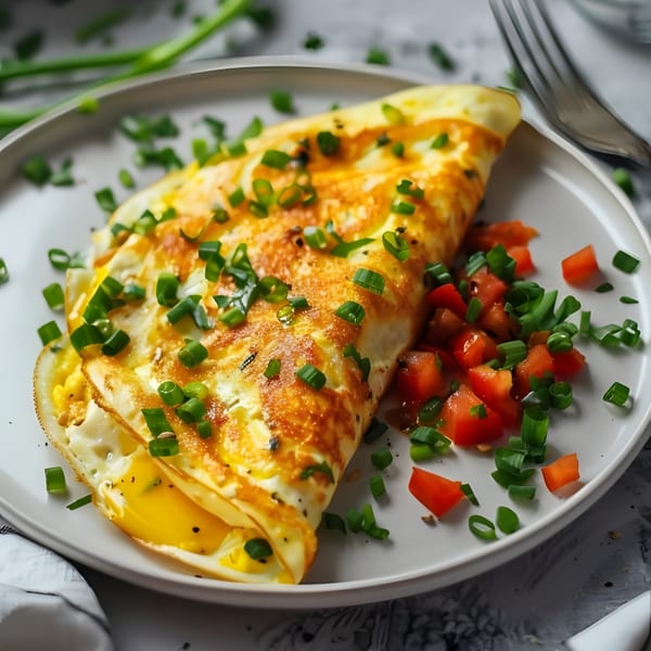 Golden omelet topped with chopped green onions and a side of diced tomatoes on a white plate.