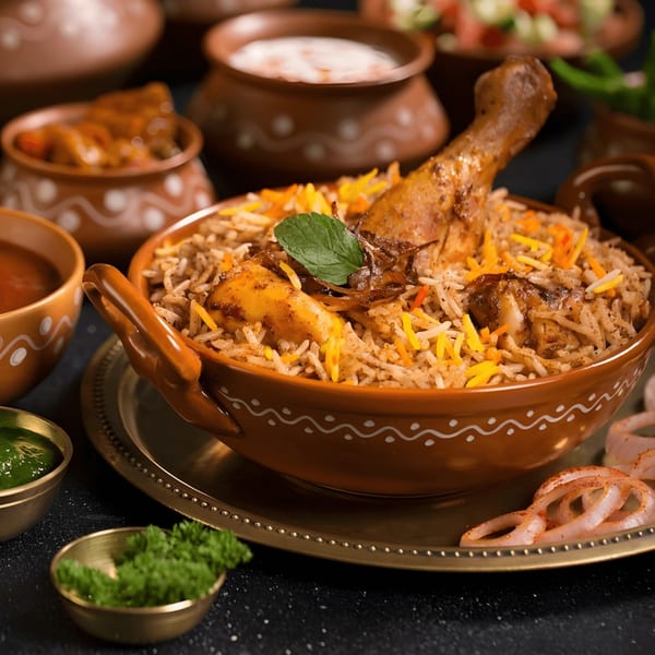 Chicken biryani in a clay pot, garnished with mint, surrounded by Indian side dishes.