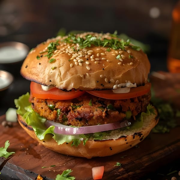 A Madurai Sizzle Shack burger with a sesame bun, patty, lettuce, tomato, and onion on a wooden board.