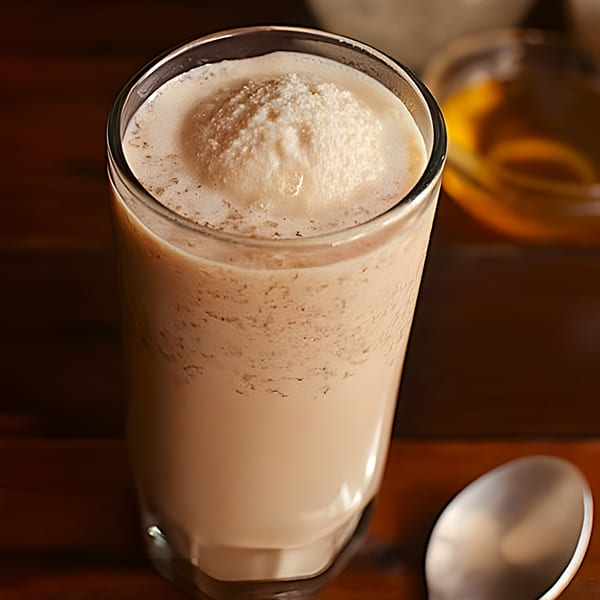 A tall glass of creamy, light brown Indian lassi with a frothy top, on a wooden table.