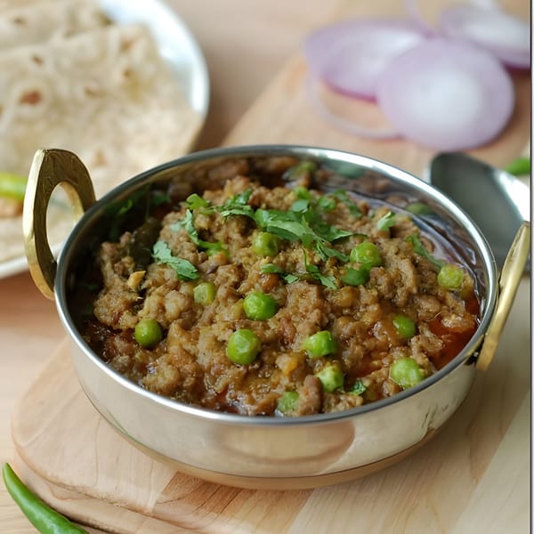 A stainless steel bowl of Indian keema matar, garnished with cilantro and peas, on a wooden board.
