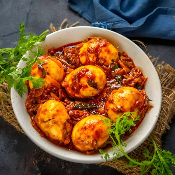 Madurai Sizzle Shack's Indian egg curry, featuring whole boiled eggs in a rich, spicy red sauce.